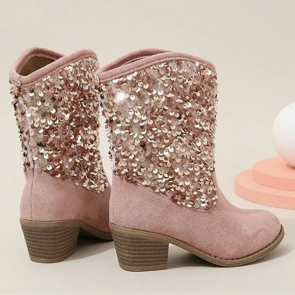 Girls Cowgirl Sequin Embellished Pink Ankle Boots